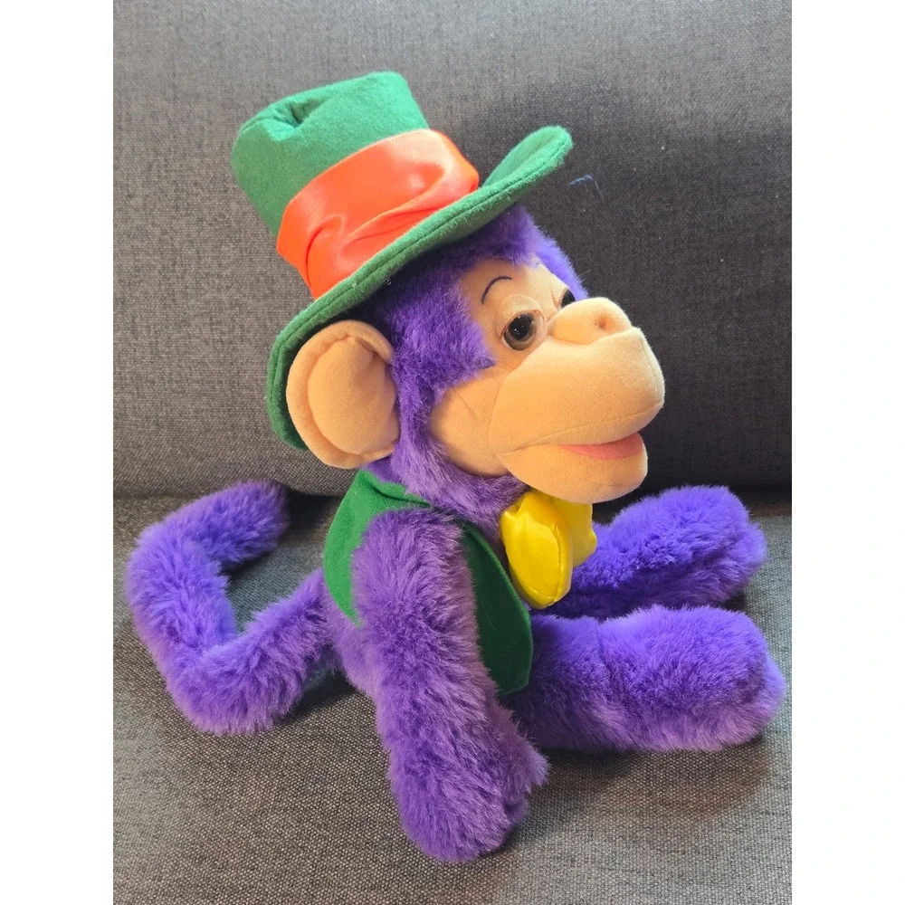 Vintage 1998 Wisharoo Park Purple Monkey Plush Bestever Inc Green Hat Yellow Bow